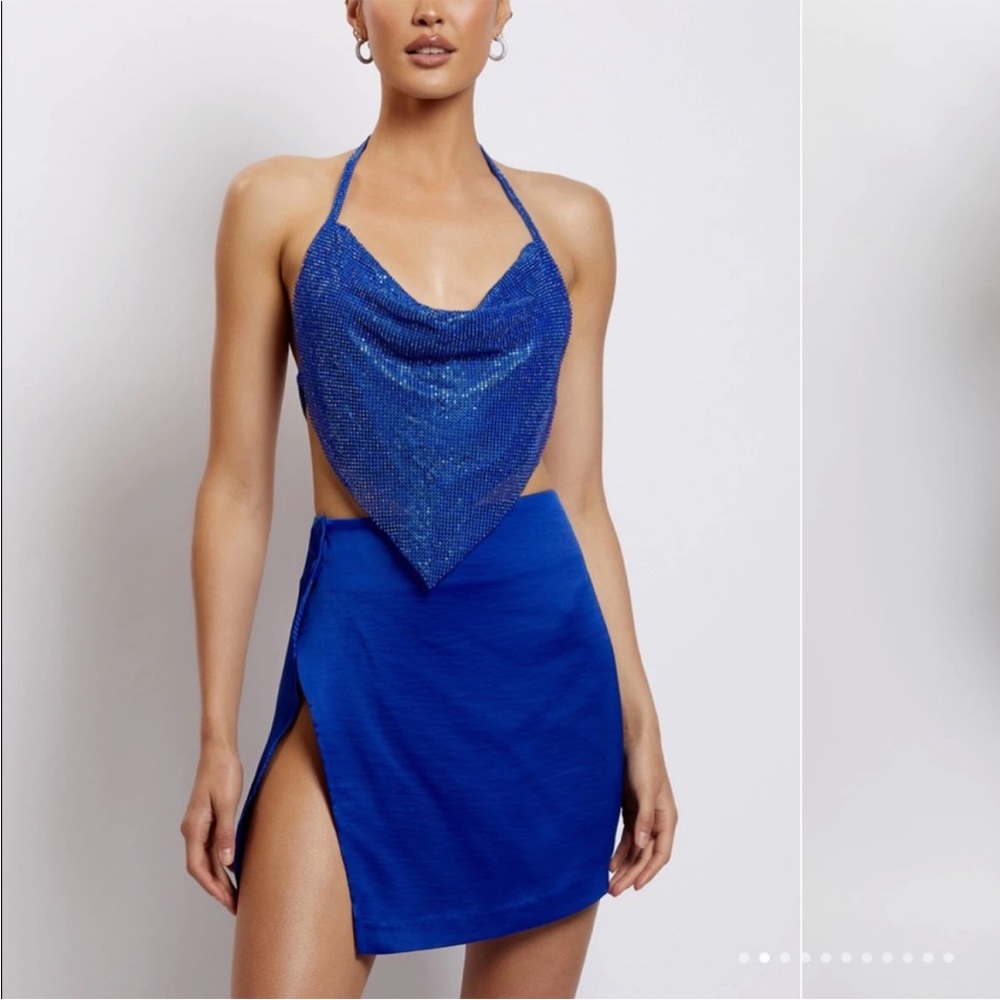 MESHKI DAPHNE Diamante Cowl Neck Halter Top - Cobalt Blue